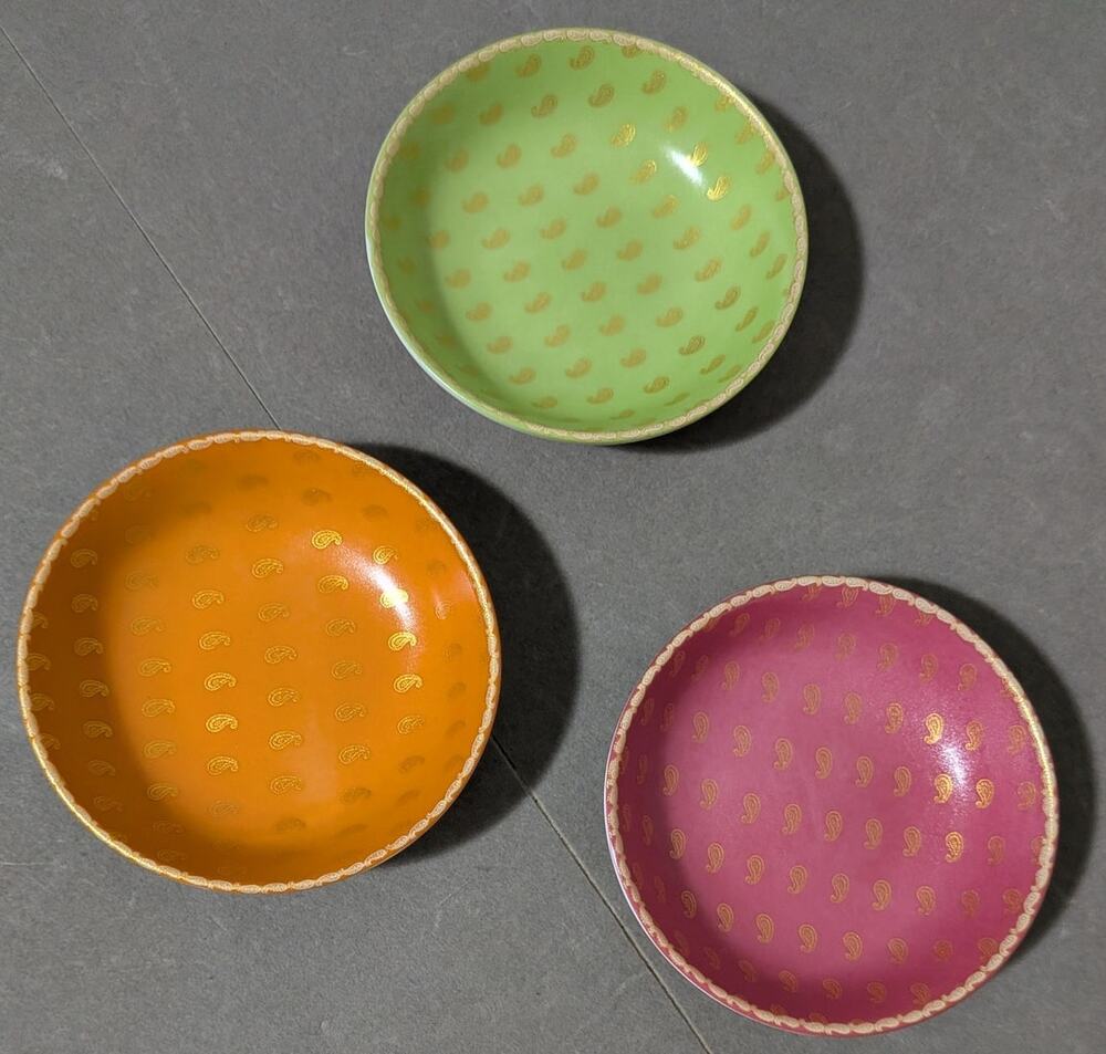 Vintage Williams Sonoma 4" Dipping Sauce Bowls Gold Paisley 3 Green Pink Orange